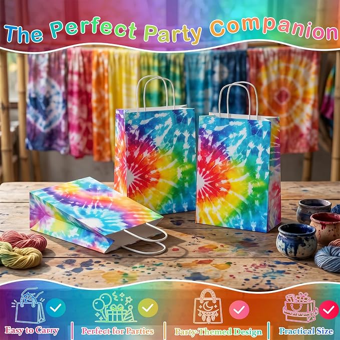 24 Pack Tie Dye Party Favor Bags, Rainbow Tie Dye Gift Bags - Image 3