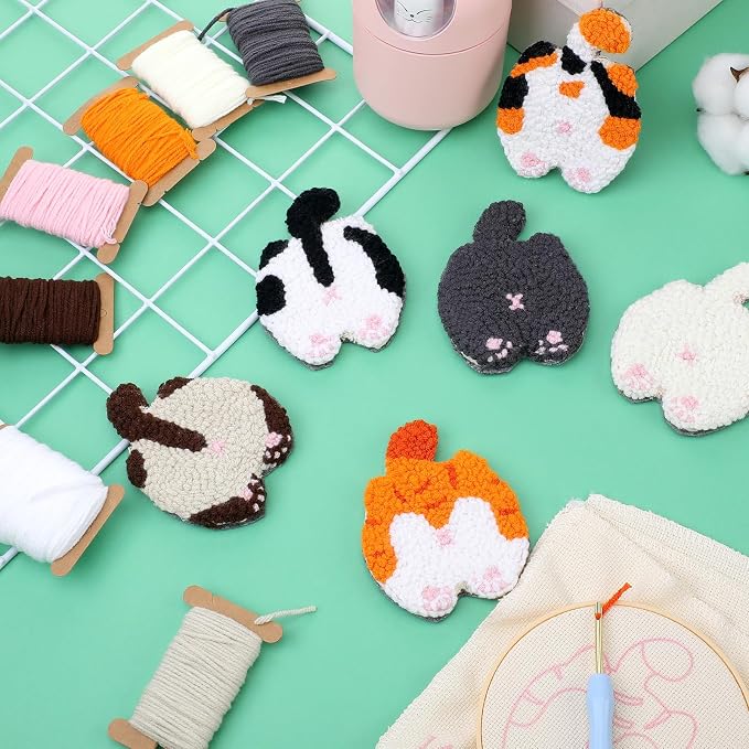 Vesici 6ps Cat Bum Punch Needle Kit, 6 Patterns Cat Butt Punch Coaster - Image 6