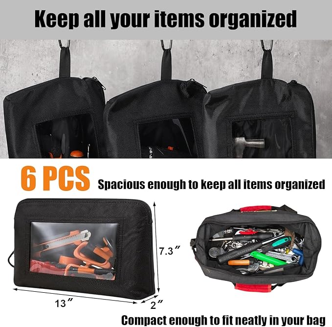 Aliceset 6 Pcs Small Tool Pouch 1680D Oxford Zipper Bags with Clear Window, Multipurpose Zipper Pouch Heavy Duty Waterproof Utility Bag for Tool Organization and Storage