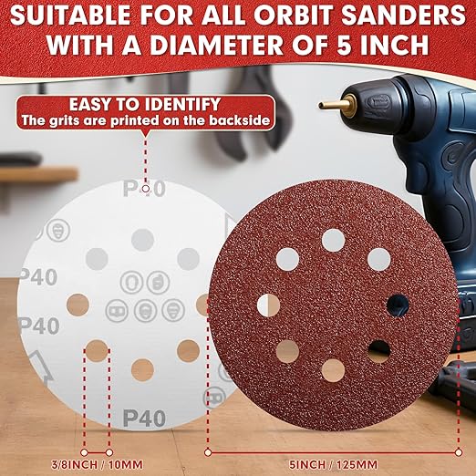 JTIEO 5 Inch Sanding Discs – 100 PCS 120 Grit Sandpaper Assortment, Hook & Loop Orbital Sander Pads, Round Sanding Pads for Random Orbital Sanders