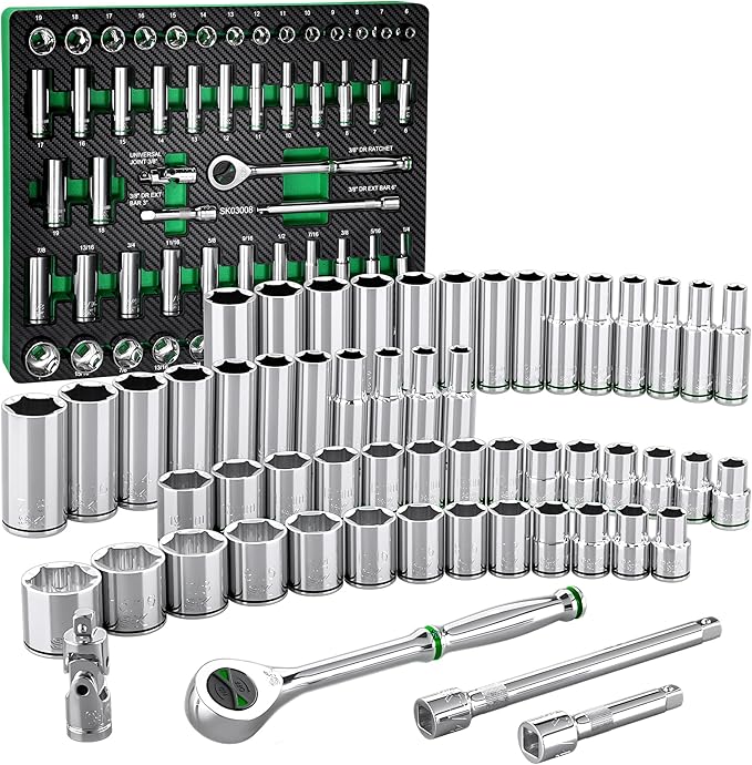 SK 3/8" Drive Socket Set with 160-P Ratchet, 56-Piece, SAE & Metric, SuperKrome Finish, Premium CR-V Construction, with EVA Foam Tool Organizer