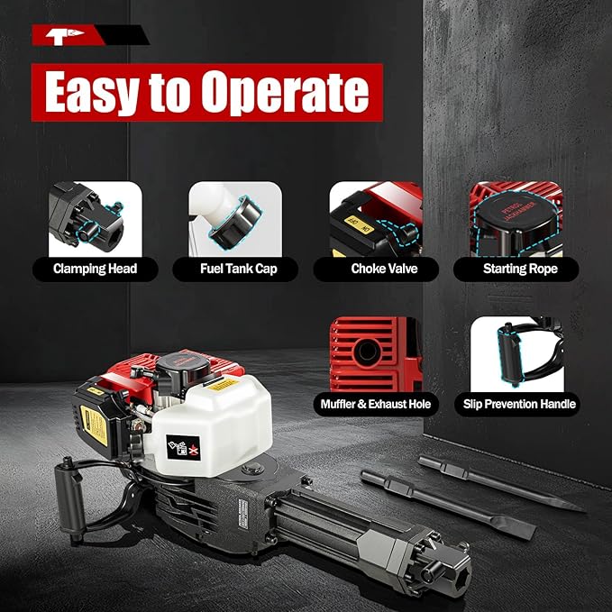 52CC 2 Stroke Demolition Jack Hammer, Gas Powered Concrete Breaker Punch Drill Jack Hammer, Heavy Duty Concrete Breaker for Trenching,Chipping,Breaking Holes