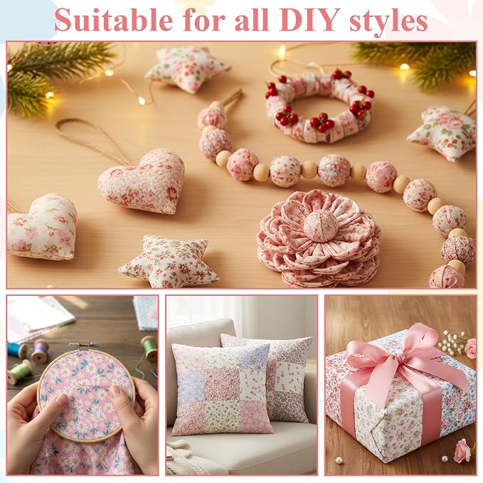 48 Pcs 10 x 10 Inches Pink Floral Cotton Fabric Bundles, Precut Pink Retro - Image 5