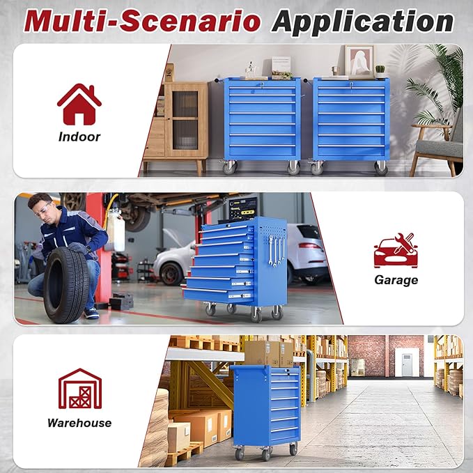Rolling Tool Chest with Drawers, 7 Drawers Tool Chests & Cabinets, Metal Toolbox with Wheels, Lockable Storage Cabinet, Garage Tool Box with Drawers (Blue, 7 Drawers)