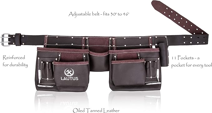 LAUTUS Oil Tanned Leather Tool Belt/Pouch/Bag, Carpenter, Construction, Framers, Handyman, Electrician - 100% LEATHER