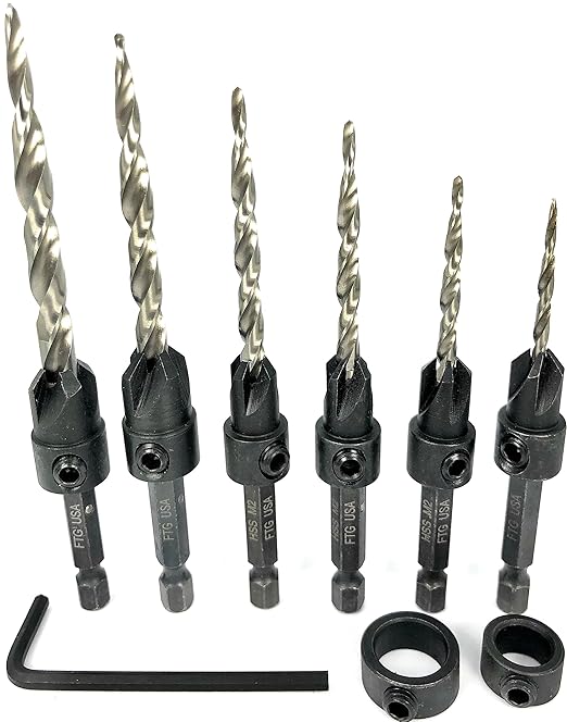 FTG USA Adjustable Wood Countersink Drill Bit Set 6 Sizes Set with Tapered Drill Bit for Woodworking