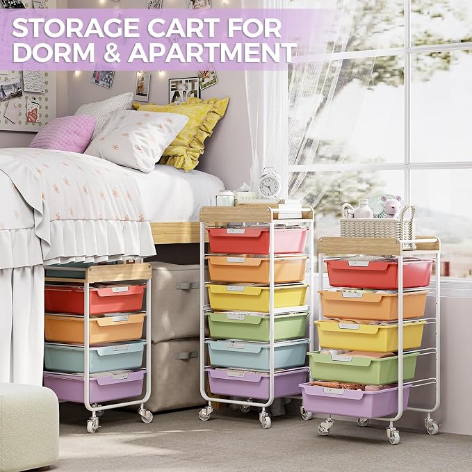 SYKIARIOL Utility Cart with 5 Labeling Drawers and Wooden Tabletop – Rolling - Image 8