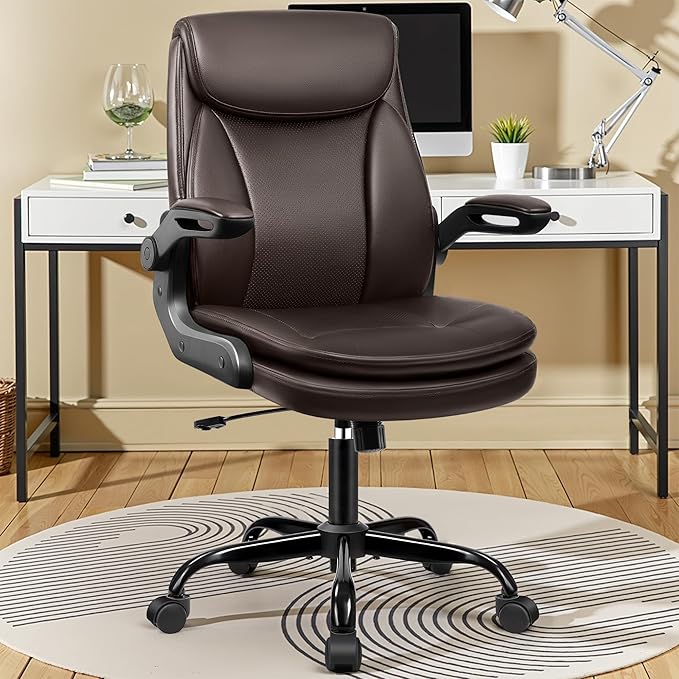 Office Chair Ergonomic Desk Chair - Premium Leather Executive Office Chairs with Lumbar Support Flip Up Armrests, Home Office Desk Chairs Computer Chair with Rocking Function Adjustable Height