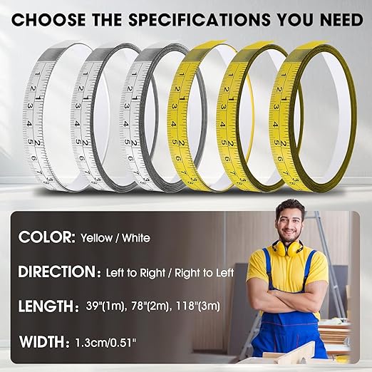 Adhesive Measuring Tapes,Steel Self Tape Measure,1/2" Wide Imperial & Metric Ruler Sticker, Stick On Table Saw and T Track for Woodworking, Drafting (Yellow, Right to Left 118" 2PCS)