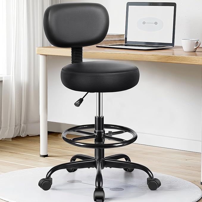 Drafting Chair with Backrest – Adjustable Foot Rest Rolling Stool with Wheels, PU Leather Swivel Stool for Office Spa Studio Lab Counter Salon Home Work Bar Kitchen Shop(Black)