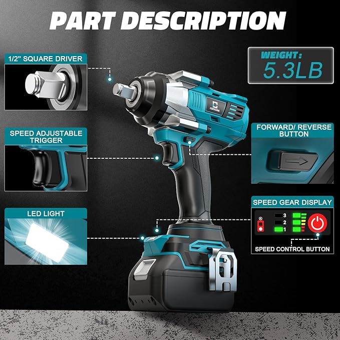 Cordless Impact Wrench 1/2 inch Compatible with Makita 18V Battery – Brushless High Torque Impact Driver Gun with 1000 Ft-lbs Torque, LED Work Light, Ergonomic Design for Heavy-Duty Performance