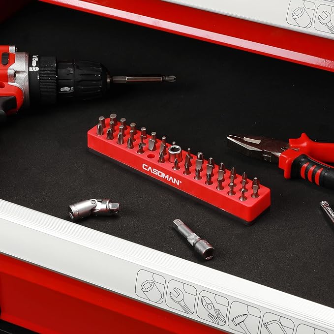 CASOMAN 1/4" Hex Bit Organizer with Magnetic Base - Red, 43 Hole Bit Organizer with Strong Magnetic Base, Magnetic Bit Organizer for Your Specialty