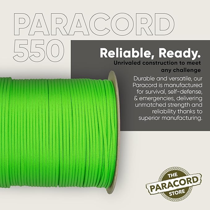 The Paracord Store | Type III 550 Paracord - 250 FT Spool, Neon Green | Heavy Duty 7 Strand Tactical Paracord - USA Made Nylon Outdoor Parachute Cord for Camping, Fishing & More - Survival Cord