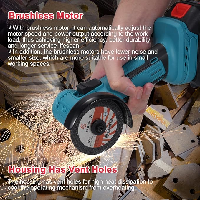 Cordless Angle Grinder Kit, 19000rpm Brushless Mini Angle Grinder with 2PCS 2000mAh Battery & 7pcs Cutting Discs, 21V Electric Cordless Grinder Tool for Metal Wood Polishing Rust Removal