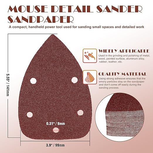 100 Grit Mouse Sander Sandpaper, Jamiikury 5 Hole Detail Sander Sandpaper Palm Sander Paper Mouse Sanding Pads Hook and Loop Sanding Sheets - Pack of 20