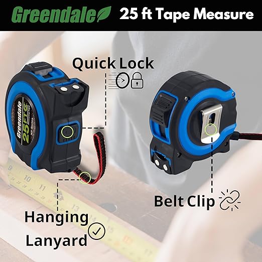Greendale - 6 Pack - 25 ft Tape Measures - Easy to Read Fractions to 1/8th inch - Magnetic Tip - Thumb and Quick Lock - Autowind - Belt Clip - Blue