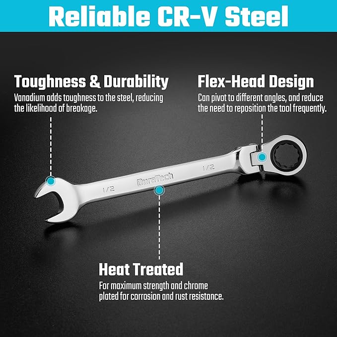 DURATECH 1/2" Flex-Head Ratcheting Combination Wrench, SAE, 72-Tooth, CR-V Steel