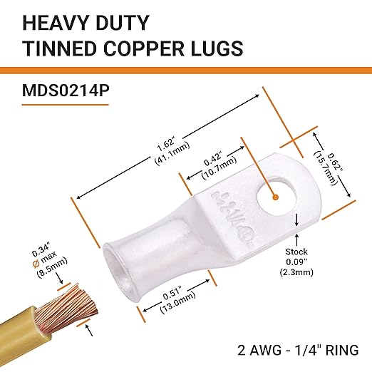 SELTERM 10pcs 2 AWG-1/4 Stud Tinned Copper Wire Lugs, Heavy Duty Battery Cable Ends,2 Gauge Ring Terminals, UL Battery Lugs Marine Grade Copper Eyelets Electrical Battery Terminal Connectors