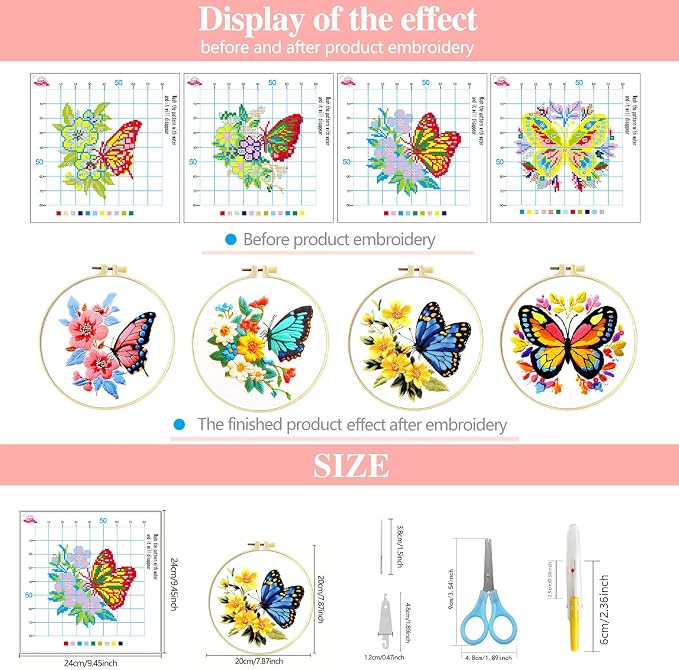 Zhenqing 4-Pack Butterfly Cross Stitch Kits – 11CT 24x24cm Aida Cloth - Image 2