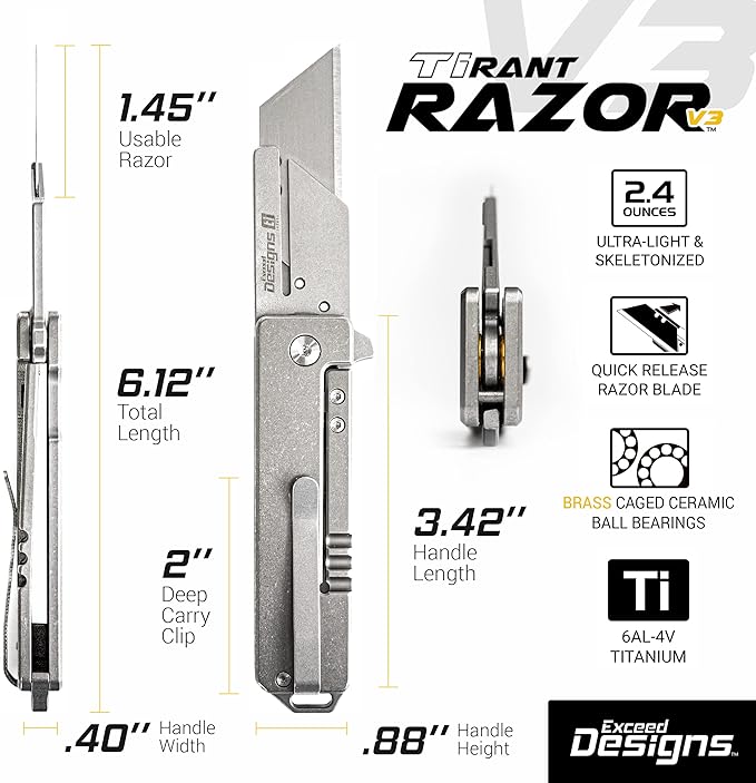 TIRANT RAZOR V3 (Stonewashed) 6Al-4V Titanium Utility Knife & EDC Pocket Knife, Box Cutter, Razor Blade EDC Tool