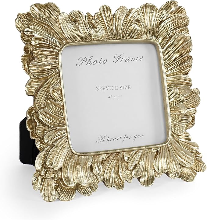 4x4 Gold Picture Frame, Vintage Ornate Square Photo Frame, Glass Front by Cuspin