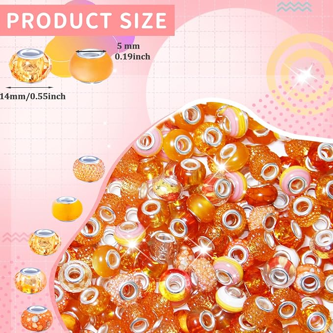 60Pcs Large Hole Beads Spacer Beads Orange Assorted European Craft Big Beads - Image 2