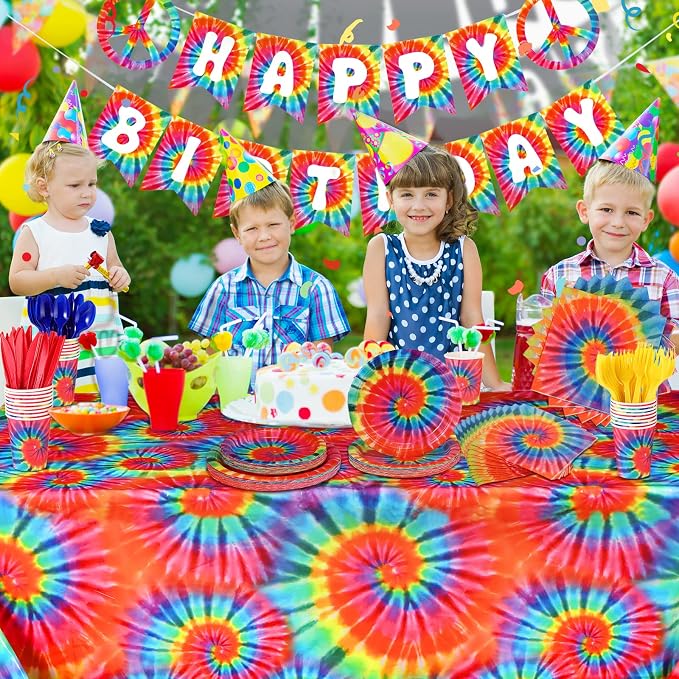 Yaomiao 171 Pcs Tie Dye Tablecloth Birthday Decorations Tie Dye Party Tableware - Image 7