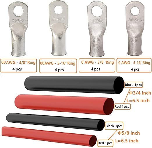 SVAAR 20pcs 0 Gauge 00 Gauge Tinned Copper Cable Lugs 1/0 AWG 2/0 AWG Wire Lugs Battery Terminal Connectors Kit with 5/16" and 3/8"Ring Eyelets Terminals Crimp Battery Cable Ends with 3:1 Heat Shrink