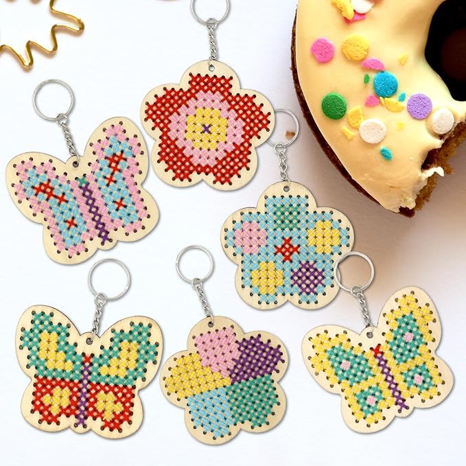 VKPI Wooden Cross Stitch Kits for Kids, Make Your Own 6 Cross Stitching Keyrings - Image 5