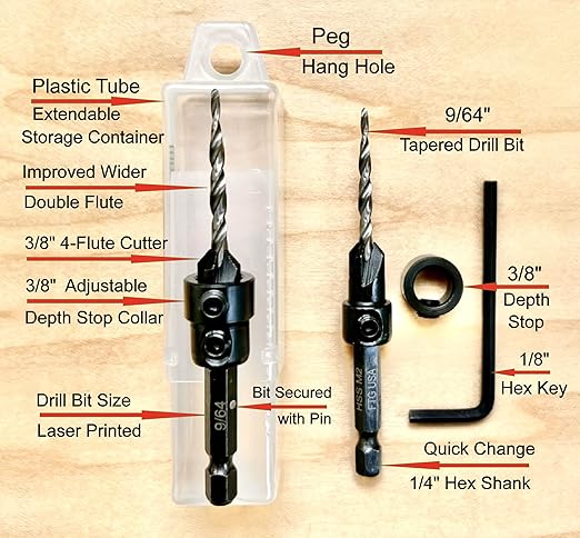 FTG USA Countersink Drill Bit Set 2 Pc #6 (9/64") Wood Countersink Drill Bit, Pro Pack Countersink Set, Tapered Countersink Bit, Stop Collar, Hex Wrench, Woodworking Countersink Drill Bits