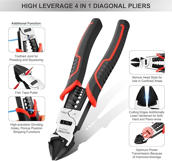 HAUTMEC 8" Wire Cutters,Pro-High Leverage Diagonal Pliers,4 in 1 Multifunction Heavy Duty Side Cutter HT0272-PL