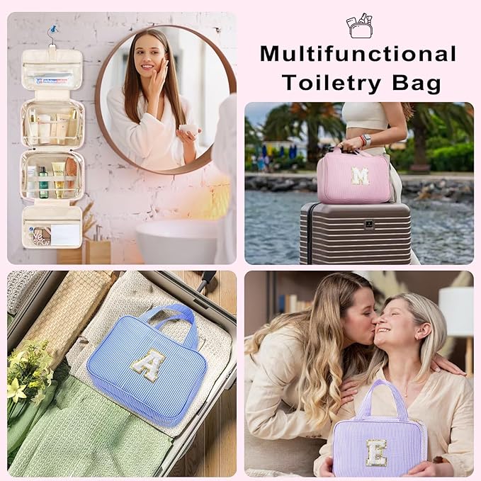 TOPEAST Travel Toiletry Bag for Women - Hanging Toiletry Bag Makeup Bag, Portable Toiletries Cosmetic Bag, Airplane Travel Essentials - Letter O, Blue
