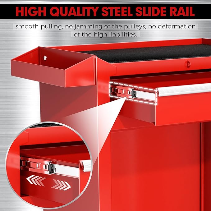 Crownland 5-Drawer Rolling Tool Chest with Wheels, Lockable 2 in 1 Detachable Tool Cabinet wit Drawers and Black Liners, Garage Top Toolbox & Bottom Storage Cart with Side Hooks(Red)