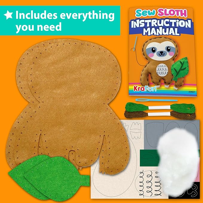 KRAFUN Beginner Sewing Kit, Sew Sloth & Leaf, Pre-Cut Felt, Kids Ages 5+ | - Image 2