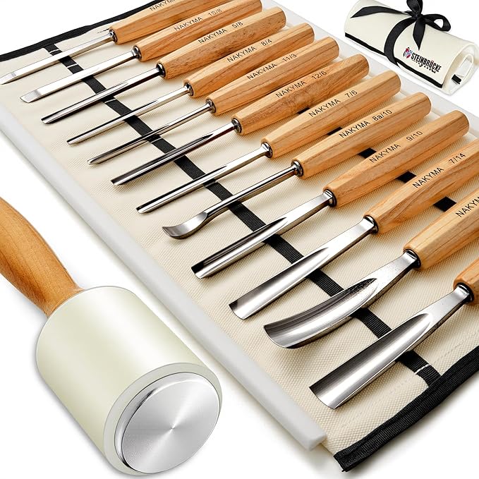 Wood Carving Kit, 12 PCS Wood Carving Set - Wood Carving Tools with Canvas Case,Sharp Cr-V 60 Steel Blades, Wood Chisel Sets for Beginners and Professionals
