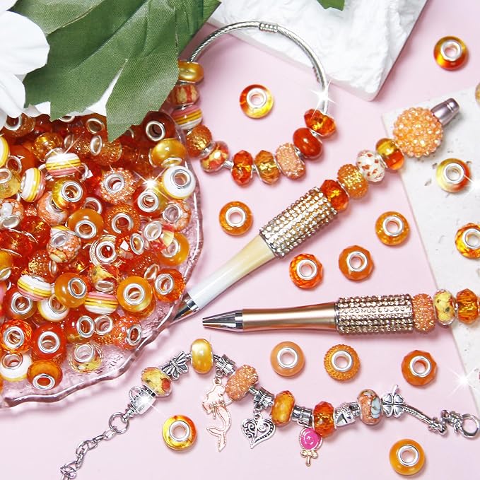 200Pcs Large Hole Beads Spacer Beads Orange Assorted European Craft Big Beads - Image 3