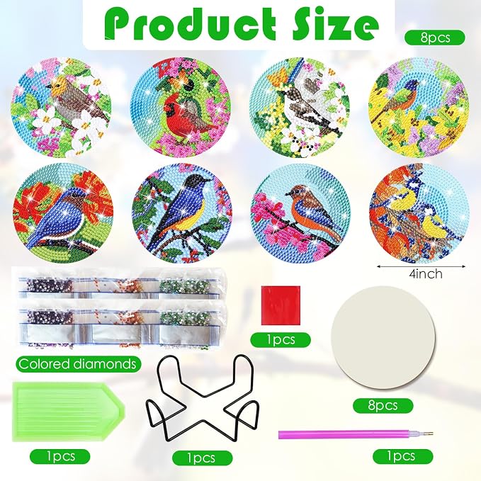 Cumule 8 Pcs Bird Diamond Art Coasters Kits - Image 2