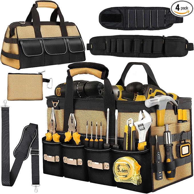 20 Inch Heavy Duty Tool Tote-48 Pockets,1680D Tear&Abrasion Resistant,Includes Tool Pouch,Tool Belt,Magnetic Wristband&Adjustable Shoulder Strap | Tool Organizer(Brown)