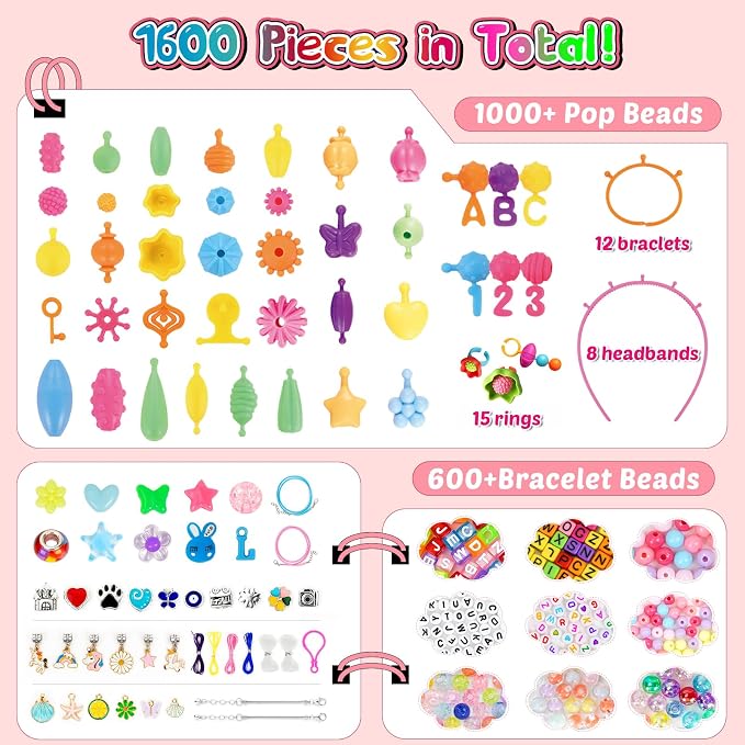 FUNZBO 1600 Pcs Pop Beads with Bracelet Making Kit, Jewelry Making Kit - Image 3