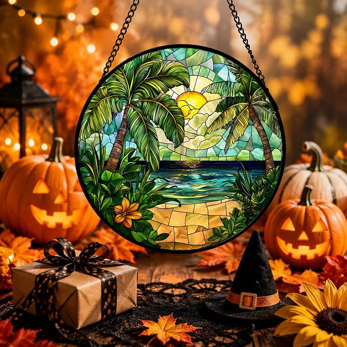 Sunset Beach Acrylic Suncatcher Faux Stained Glass Window Hanging 11.8" | - Image 3