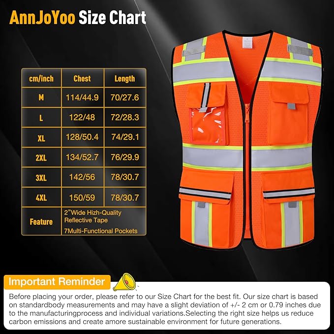 Class 2 Safety Vest with Zipper Front and multiple Pockets, High Visibility Vest, Meets ANSI/ISEA Standards