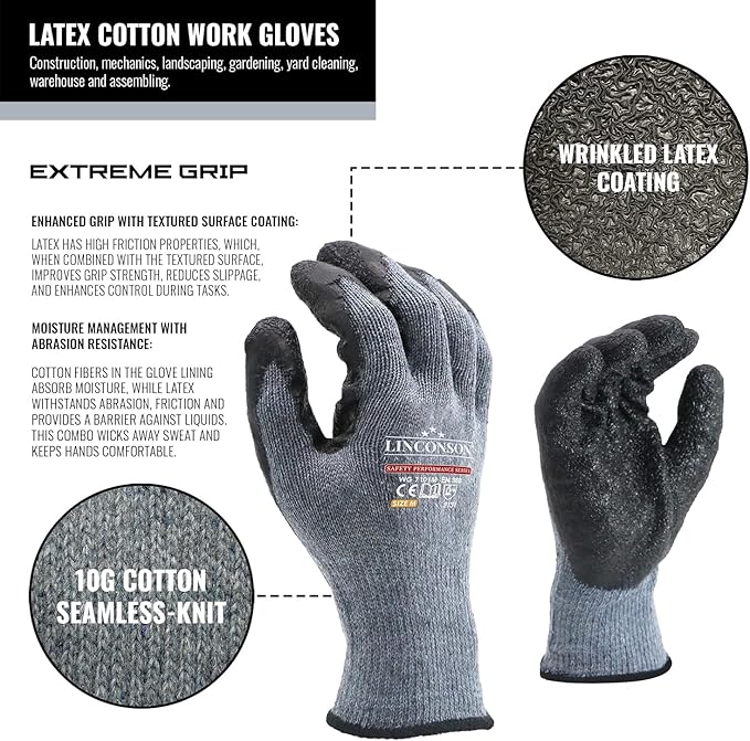 linconson 12 Pairs Extreme Grip Latex Palm Coated Cotton Work Gloves Suitable For Construction, Mechanics and Warehousing