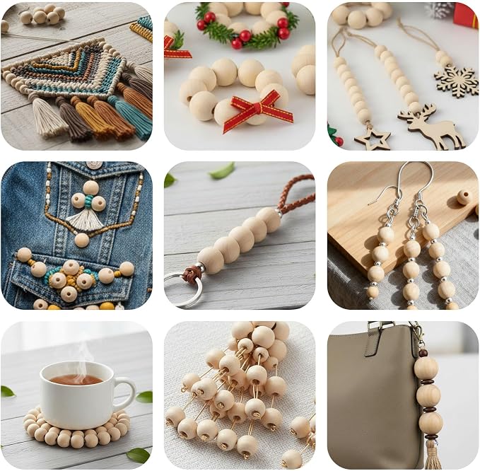 BigOtters 65-Pack 25mm Natural Unfinished Wood Beads, Round Spacer Beads - Image 7