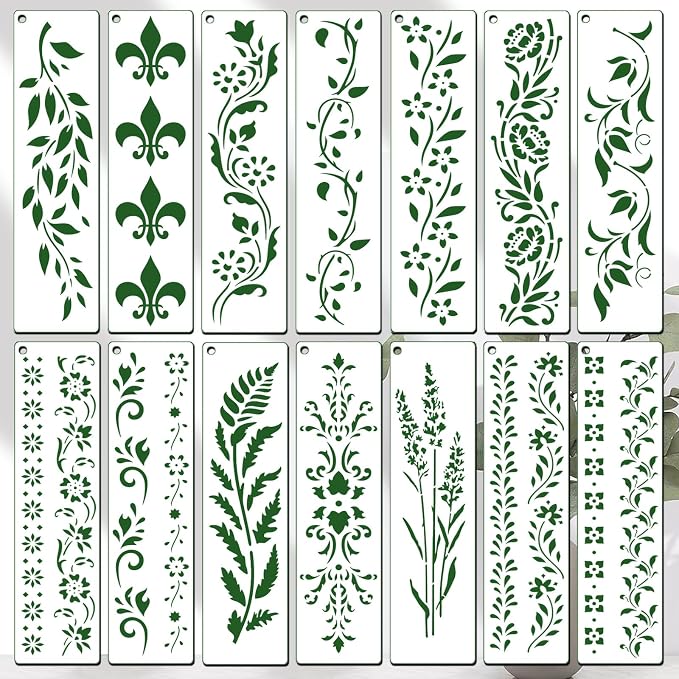 14 PCS Reusable Border Flower Stencils by XIAOSHAN