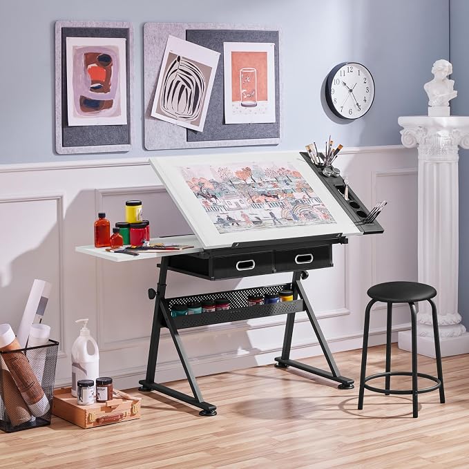 Yaheetech Adjustable Drafting Table Art Desk, Storage Drawers & Stool - Image 5