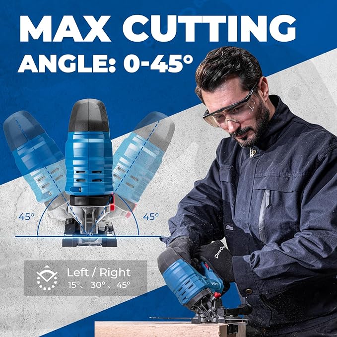 Dong Cheng 20V Brushless Jigsaw, 26mm Stroke, 800-3500 SPM, 0-45° Bevel, 6-Speed, Orbital Action, Dual LED, Dust Blower, with 4Ah Battery, Charger, 6 Blades, Guide Rail & Tool Bag