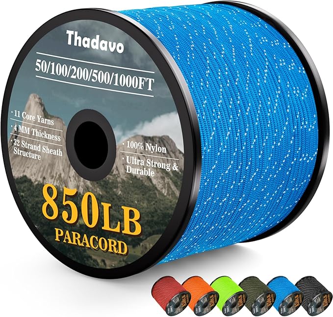 Reflective Paracord Rope 850Ib, 50/100/200/500/1000ft 4MM 11 Strand para Cords Lanyard Utility Parachute Cord for Tent Camping Hiking Survival Tactical Clothesline DIY Projects (Blue, 200FT)