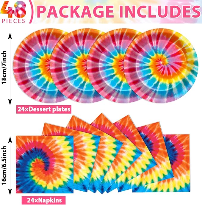48Pcs Tie Dye Paper Plates and Napkins Rainbow Tie Party Decorations Dye - Image 2