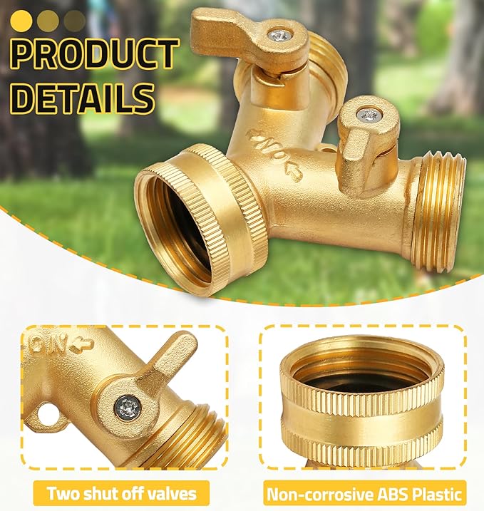 Biaungdo 2 Pcs Way Connector Garden Hose Splitter, 3/4 Garden Hose Y Splitter, Solid Brass Hose Adapter Y Valve Spigot Faucet Adapter with Faucet Watering Shut Off Valves