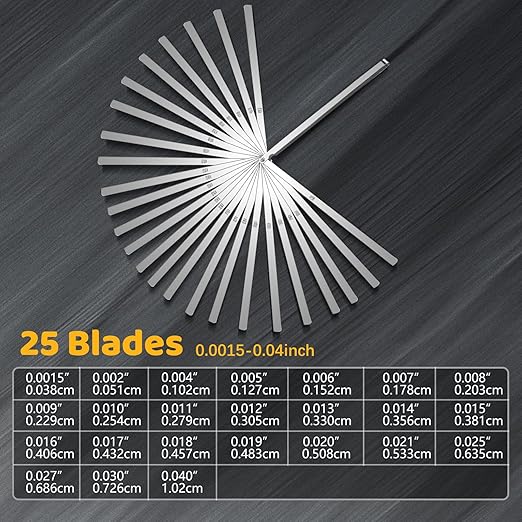 25 Blades Stainless Steel Long Feeler Gauge, Metric and Imperial Gap Measuring Tool Width and Thickness Feeler Gage Gauge for Spark Plug, Valve Adjustment Tool, 0.038-1.02mm